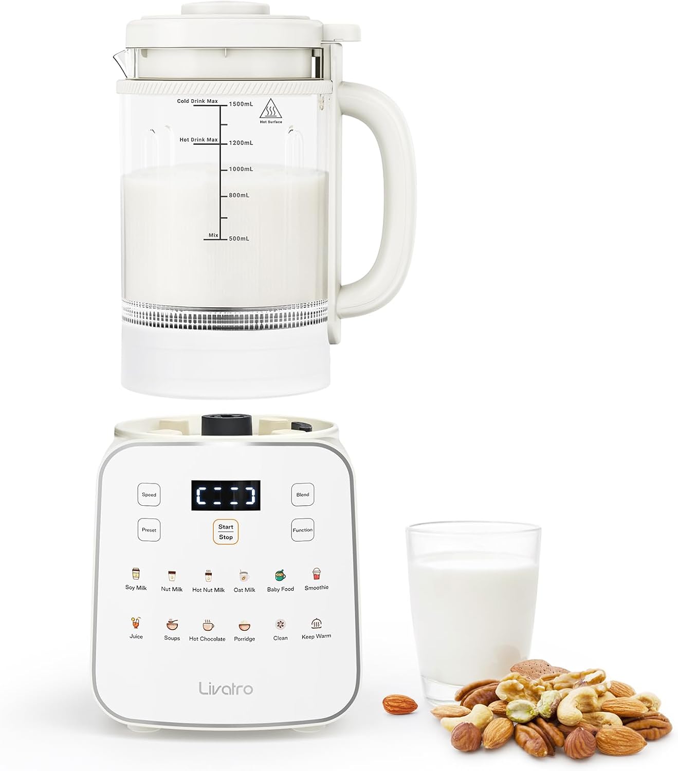 Soy Milk Maker - 12-in-1自動豆乳メーカー、50.73オンス、取り外し可能、自家製アーモンド、オート麦、ナッツミルク、24時間遅延、保温機能、自動洗浄