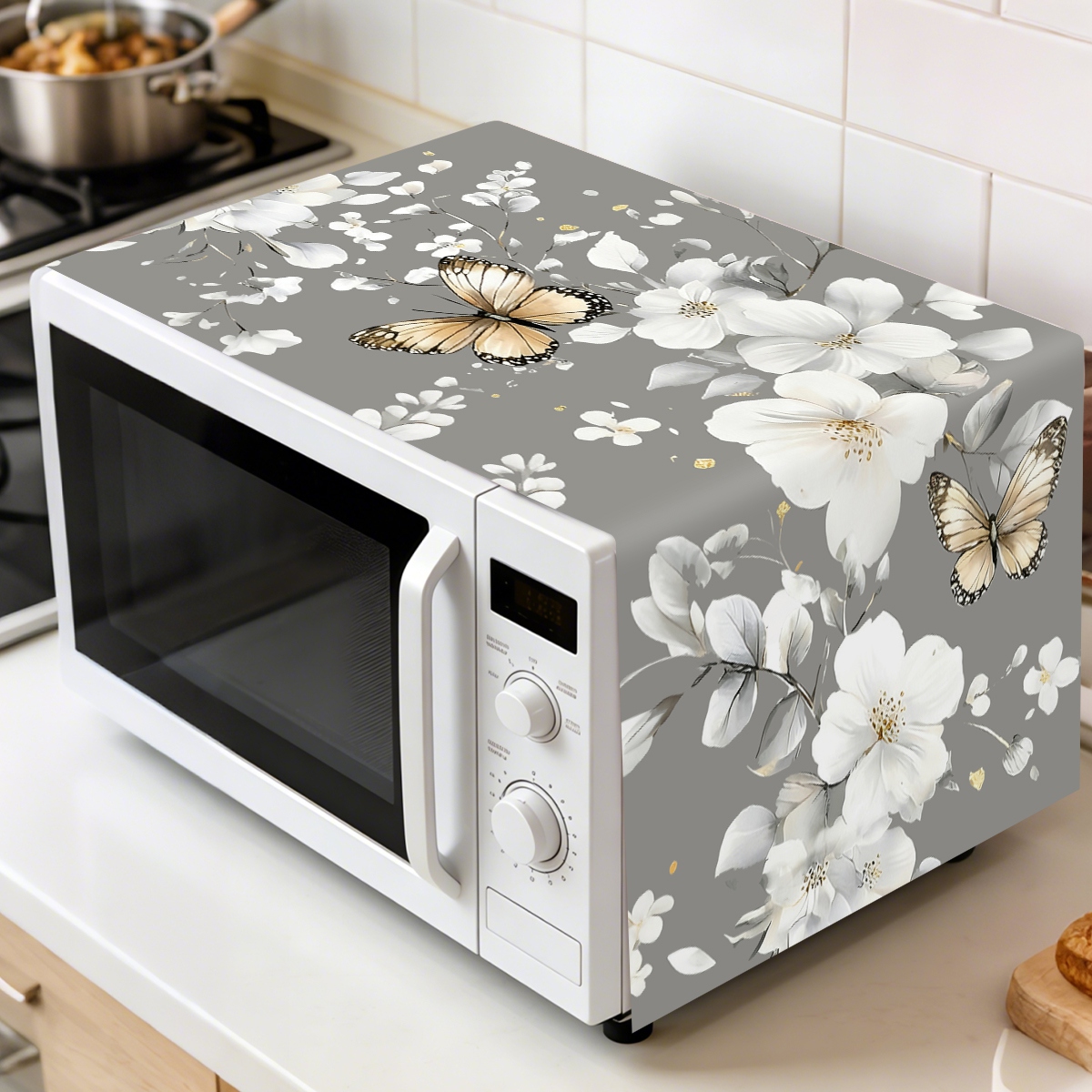 Kitchen Appliances In White - 1pc ホワイトフラワー電子レンジダストカバー 35 × 85 センチメートル蝶デザインポリエステルマシンプロテクターキッチン家電ダストカバー