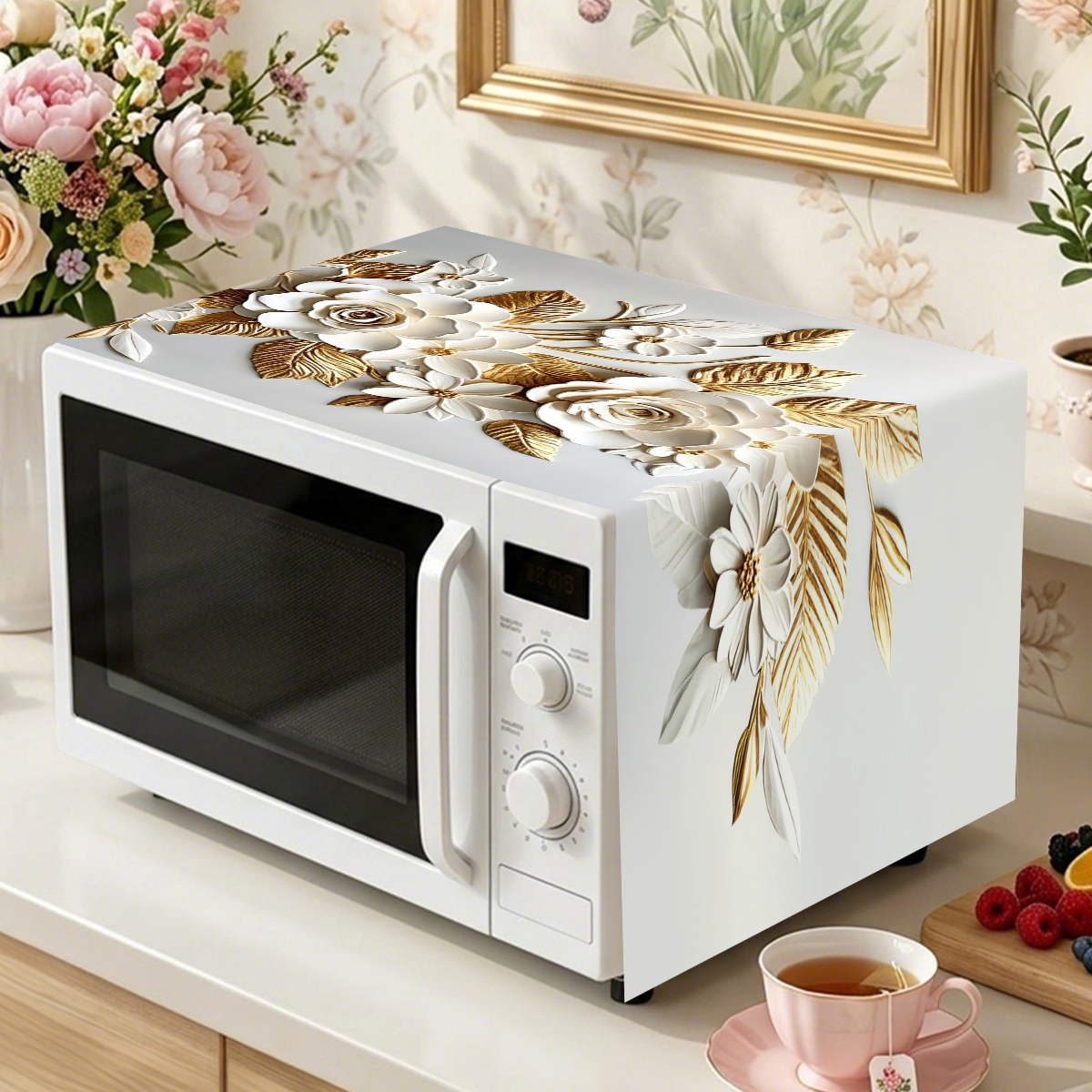 Kitchen Appliances In White - 35*85 センチメートル白ゴールデン電子レンジカバー 2D フラットフラワーデザインポリエステルダストカバー家庭用電化製品布キッチン装飾